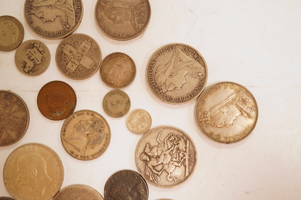 British coins, including silver crowns, George III, Victoria, George V, Victoria double florins, etc.